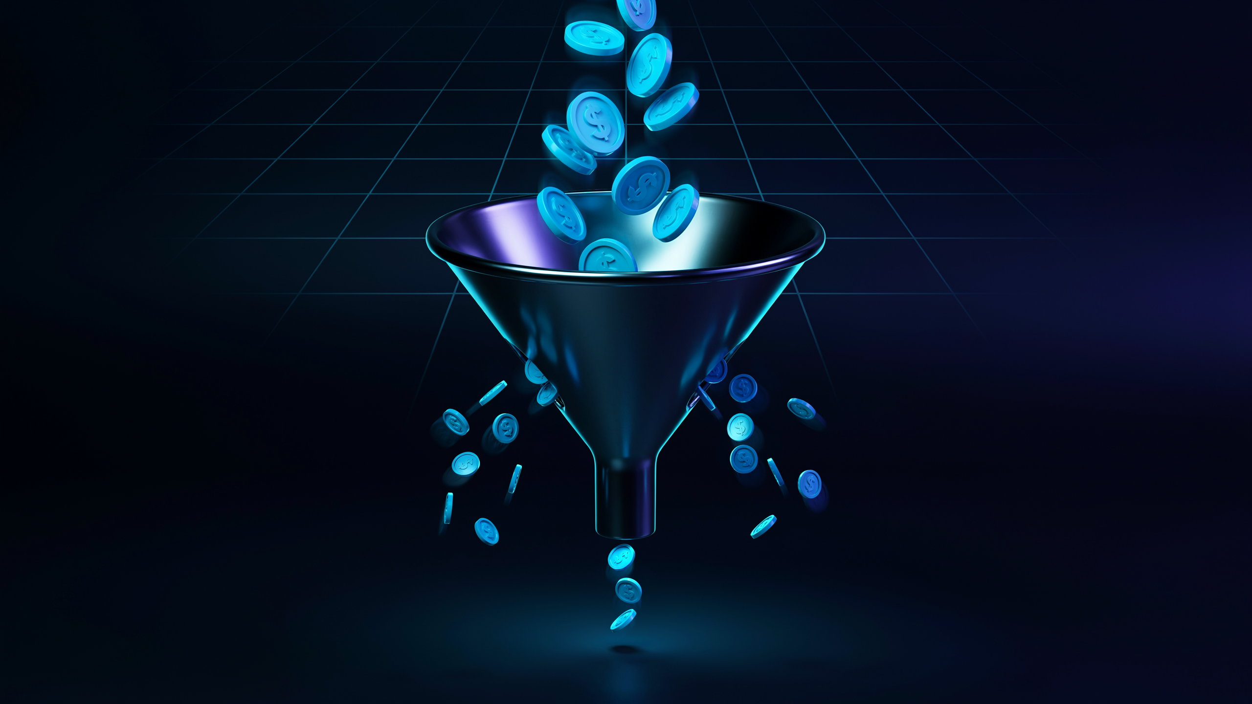 Illustration of a funnel with dollar coins pouring in the top and leaking out the sides — a Google Ads budget being wasted