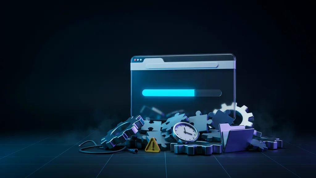 Illustration of a browser with a stalled loading bar buried under a pile of plugins, gears, and clocks — a slow, bloated WordPress site